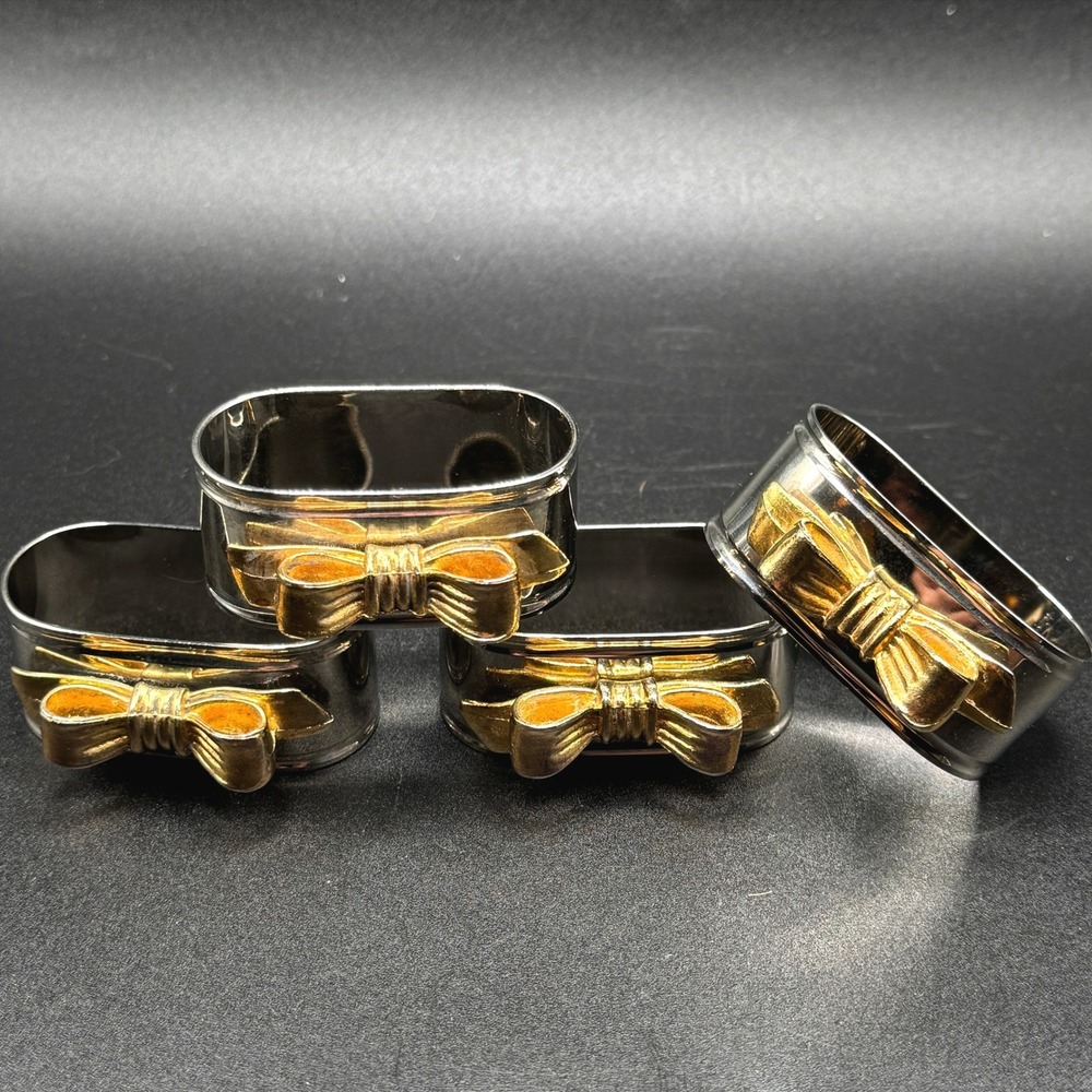 Vintage Silver Plate Napkin Rings Gold Bow Set of 4 Two Tone Table Decor